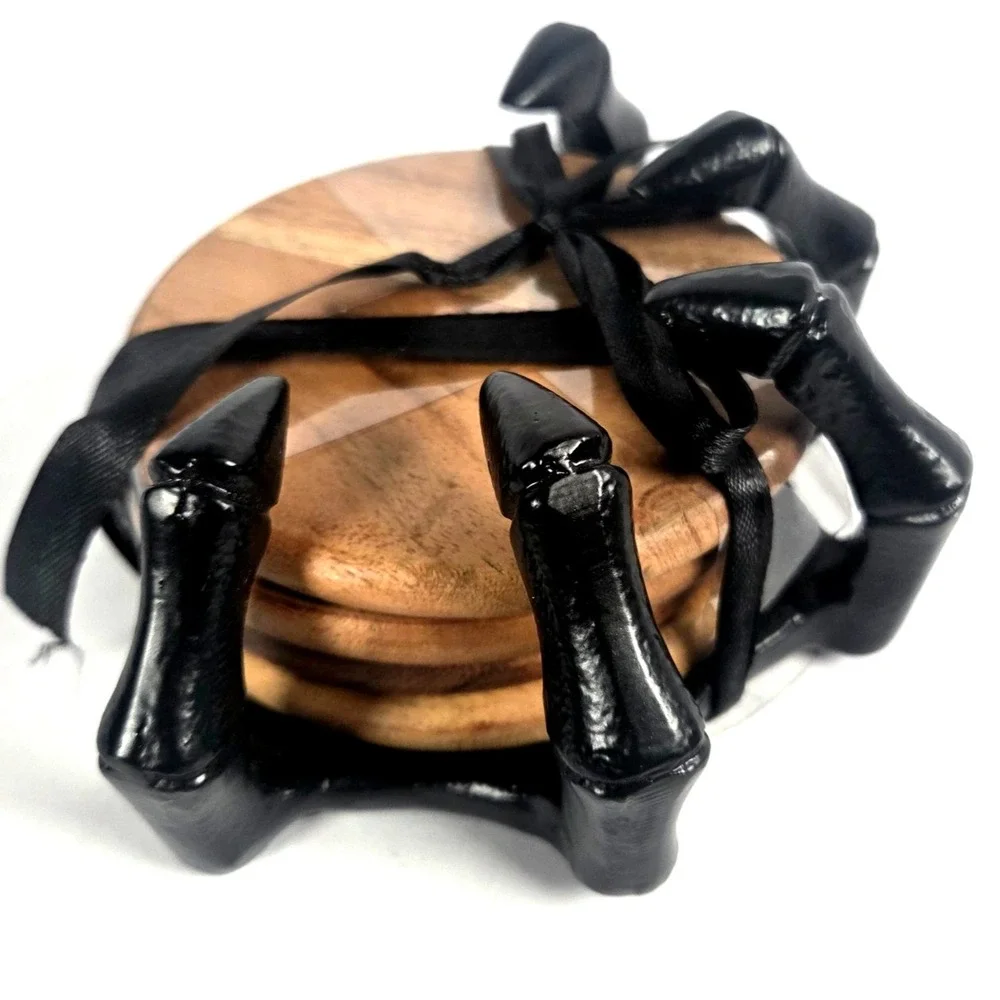 Spooky Hollow Skeleton Hand Coaster Set 4 Black Gothic Halloween Decor 6.5 Inch